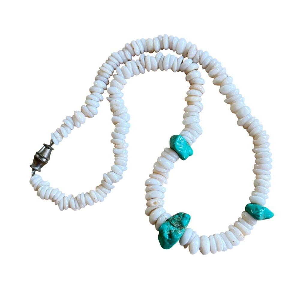 VTG Hawaiian Puka Shell Turquoise Necklace Surfer 15" Beads 27g Hawaii Groovy